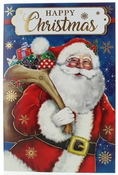 Open Christmas Card - Santa With Gifts, Snowflakes Glitter & Gold Foil 9" x 6"