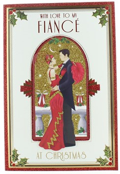 Fiance Christmas Card - Couple, Woman in Red Dress Man in Suit with Glitter 9x6"