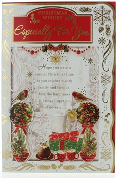 Open Christmas Card - Robins & Presents With Trees Gold Foil 9" x 6"