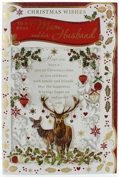 Dad & Wife Christmas Card -Deer Holly Baubles & Leaves With Glitter & Foil 9x6"