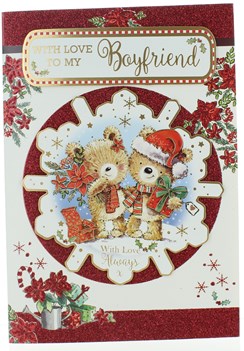 Boyfriend Christmas Card - Bears with Gifts in 3D Snowflake with Glitter 10 x 7" Boyfriend Christmas Card - Bears with Gifts in 3D Snowflake with Glitter 10 x 7"