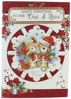 One I Love Christmas Card -Bears with Gifts in 3D Snowflake with Glitter 10 x 7"