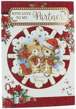 Partner Christmas Card - Bears with Gifts in 3D Snowflake with Glitter 10 x 7"