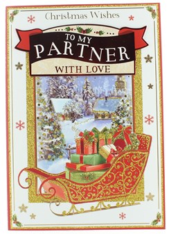 Partner Christmas Card - Houses in Snow, Sleigh of Gifts Glitter & Foil 10 x 7" Partner Christmas Card - Houses in Snow, Sleigh of Gifts Glitter & Foil 10 x 7"
