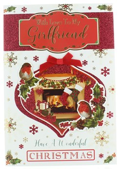 Girlfriend Christmas Card -Robins Fireplace Stockings Gifts Glitter & Foil 10x7"