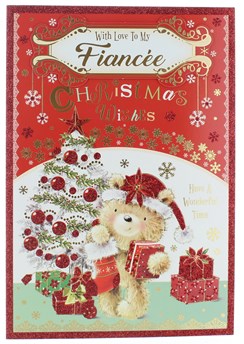 Fiancee Christmas Card - Bear in Santa Hat with Gifts Xmas Tree & Glitter 10x7"