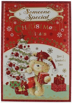 Someone Special Christmas Card - Cute Bear, Xmas Tree & Presents Glitter 9" x 6"
