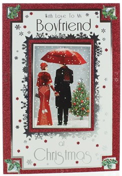 Boyfriend Christmas Card - Couple Dressed Up In Snow with Glitter & Foil 10 x 7"