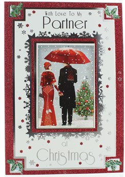 Partner Christmas Card - Couple Dressed Up In Snow with Glitter & Foil 10" x 7" Partner Christmas Card - Couple Dressed Up In Snow with Glitter & Foil 10" x 7"