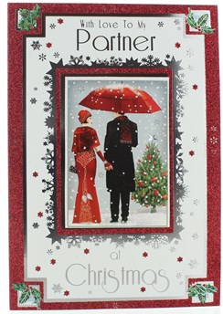 Partner Christmas Card - Couple Dressed Up In Snow with Glitter & Foil 10" x 7"