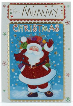 Mummy Christmas Card - Cute Santa with Pom Pom Glitter and Gold Foil 9.5" x 6.75