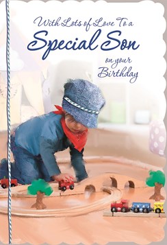 Son Birthday Card - Little Boy, Navy Blue Flat Cap & Wooden Train Set 8.75" x 6"