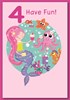 Age 4 Girl Birthday Card - Mermaid & Sea Creatures with Glitter 4 7.5" x 5.25"
