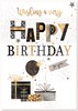 Large Open Birthday Card - Gifts, Balloons, Stars & Gold Foil Detail 10" x 7"