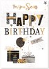 Son Birthday Card - Happy Birthday Black & Gold Foil Balloons & Gifts 10" x 7"