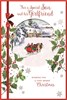 Son & Girlfriend Christmas Card - Couple in Sleigh Snowy House Red Foil 9x6"