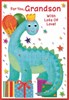 Grandson Birthday Card - Dinosaur in Party Hat Gifts Balloons Stars 7.75x5.25"