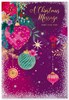 Open Christmas Card - Purple with Baubles, Silver Glitter and Foil 7.25 x 5.5"