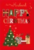 Husband Christmas Card - Red with Tree & Gifts with Gold Foil 9x6"