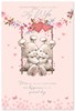 Wife Wedding Anniversary Card - Bunny's on Swing Flowers Hearts Silver Foil 9x6"
