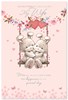 Wife Wedding Anniversary Card - Bunny's on Swing Flowers Hearts Silver Foil 9x6"