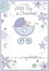 Baby Boy Christening Day Card - Bear in Blue Pram 7.5x5.25"