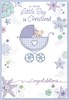 Baby Boy Christening Day Card - Bear in Blue Pram with Foil & Glitter 7.5x5.25"