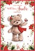 Auntie Christmas Card -  Bear Robin with Poinsettia Flowers & Red Foil 7.5x5.25