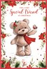 Special Friend Christmas Card - Cute Bear Holding Robin with Red Foil 7.5x5.25"