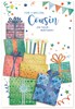 Cousin Birthday Card - Blue Green Orange Foil Stacked Presents Cake 7.5x5.25"