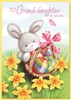 Granddaughter Easter Card - Bunny with Eggs in Basket Daffodils & Pink Foil 7x5"