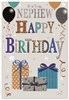 Nephew Birthday Card - Blue Gold Silver Presents Balloons with Foil 7.5x5.25"