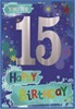 Age 15 Boy Birthday Card - Blue Silver Foil Number Multicoloured Text 7.5x5.25"