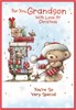 Grandson Christmas Card -Bear in Hat  sleigh and Presents Red Foil 7.5 x 5.5"