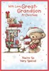 Great Grandson Christmas Card - Bear & Sleigh with gifts Red Foil 7.25x5.5"