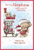 Nephew Christmas Card - Bear in Hat Sleigh and Presents with Red Foil 7.5x5.25"