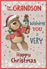 Grandson Christmas Card - Bear in Santa Hat with Gifts and Red Foil 7.75x5.25"