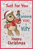 Open Christmas Card - Brown Santa Bear with Gifts and Red Foil 7.5 x 5.25"