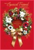 Special Friend Christmas Card - Red with Floral Wreath with Gold Foil 7.75x5.25"