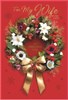 Wife Christmas Card - Red with Floral Wreath and Gold Foil 7.75" x 5.25"