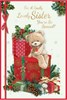 Sister Christmas Card - Bear & Robin Sat on Gift Box Holly Pinecones & Foil 9x6"