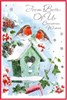 From Both Of Us Christmas Card - Robins & Birdhouse in Snow and Silver Foil 9x6"
