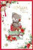 Mum Christmas Card - Cute Bear Sat on Presents with Roses & Gold Foil 9x6"
