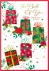 To Both of You Christmas Card - Red Green Gold Foil Presents & Holly 7.5x5.25"