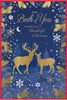 Both of You Christmas Card - Blue Background Gold Foil Stag Snowflakes 9x6"