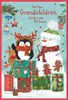 Grandchildren Christmas Card - Snowman and Friends with Gifts & Red Foil 7.5x5