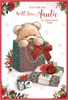 Auntie Christmas Card - Bear in Holly Gift Bag with Flowers & Red Foil 7.5x5.25