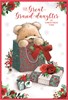 Great Granddaughter Christmas Card - Bear in Holly Gift Bag Red Foil 7.5x5.25