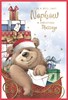Nephew Christmas Card - Bear in Sleigh with Gifts and Gold Foil 7.5x5.25"