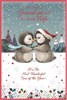 Grandson & Wife Christmas Card - Penguin Couple in Snow with Red Foil 9x6"